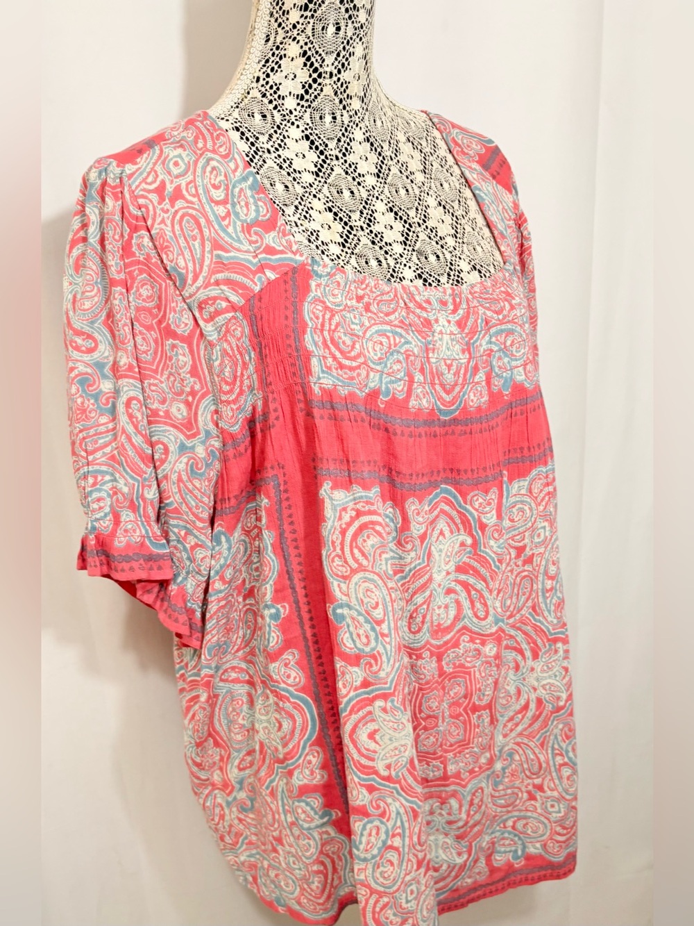 Women’s Plus Sz 3X Lucky Brand Coral Paisley Short Sleeve Square Neck Boho Knit